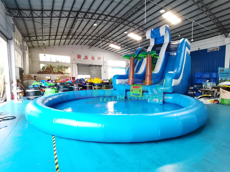 Tobogán acuático inflable para fiesta comercial, tobogán acuático tropical inflable con piscina, ven