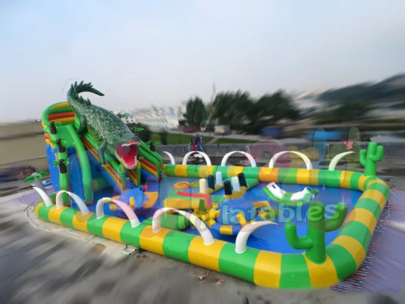 Satılık havuzlu dev ticari şişme su parkı dinozor şişme slayt